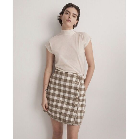 Madewell Dresses & Skirts - Madewell Quilted Flannel Mini Skirt 12 Gingham Plaid Button Tan Cottage Core NWT